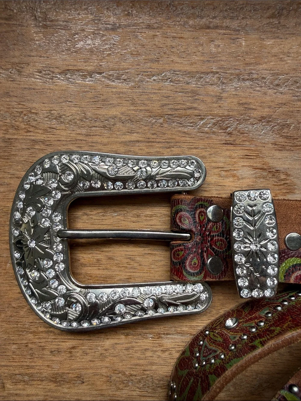 Embellished Brown Leather Western-Style Belt with Silver Buckle